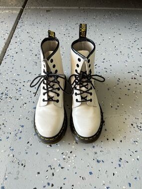 Dr. Martens White Leather Lace-Up Combat Boots with Black Trim